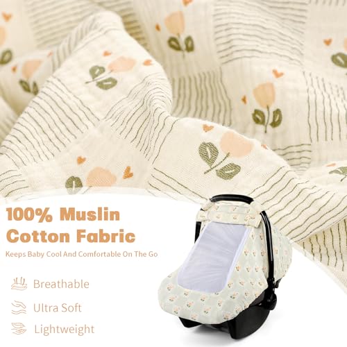 Image of Car Seat Cover Baby, HNHUAMING Muslin Cotton Carseat Covers for Babies Girls Boys Summer Infant Car Seat Covers Canopy, Cozy Newborn Carseat Covers Stroller Cover with Breathable Mesh Window, Floral