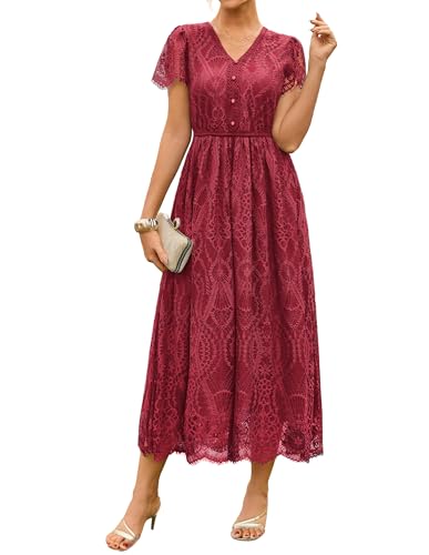 GRACE KARIN Women's V Neck Short Sleeve Buttons Floral Lace Wedding Dress Bridesmaid Cocktail Party Maxi Dress
