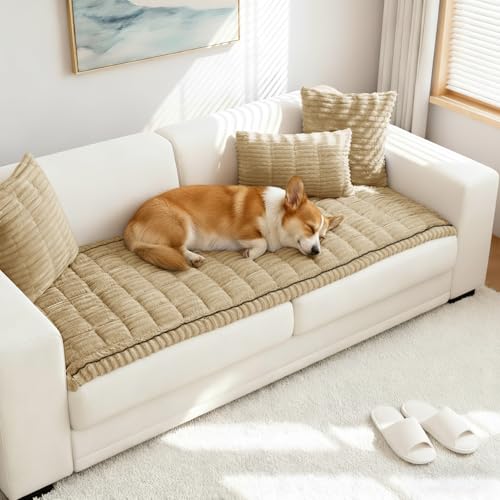 LUSCHEER Thick Sofa Covers 1 2 3 Seater, Soft Corduroy Universal Non-Slip Corner Couch Cover L Shape Sectional Seat Sofa Slipcovers Furniture Protector for Living Room (Corduroy Khaki, 70x180cm)