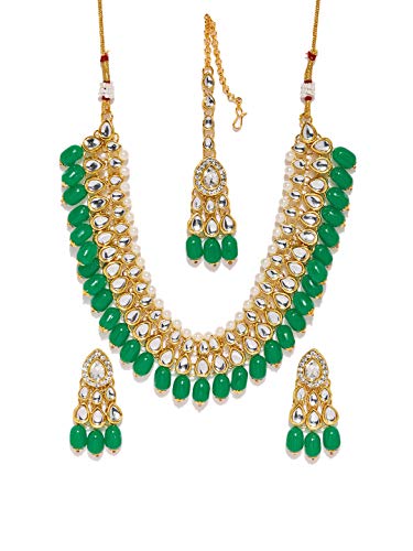 Women's Kundan & Dangling Green Beads Necklace Set