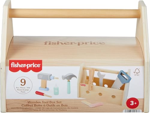 Fisher-Price Wood Pretend Play Toy Tool Box with Drill, 9-Piece Wooden Set for Building Construction Play Preschool Kids Ages 3+ Years - image 7