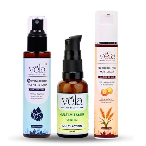 Vela Organic’s Anti-Ageing Skincare Kit, Hydra Booster Face Toner, Multi-Vitamin Serum, Red Rice Oil-Free Moisturiser (Pack of 3)
