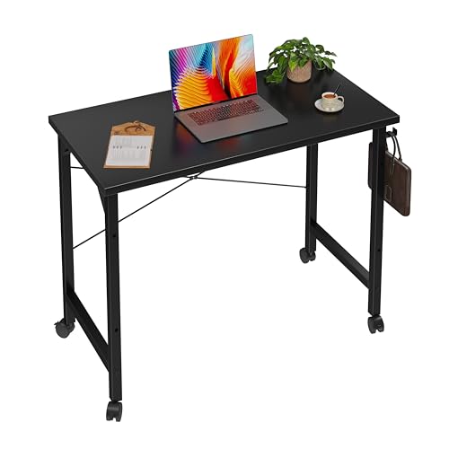 Image of Grandder Rolling Computer 32 inch Desk with Wheels, Wroking Small Desk for Living Room, Modern Simple Style Table for Home Office, Study Writing Table, Caster, Black, 32 inch