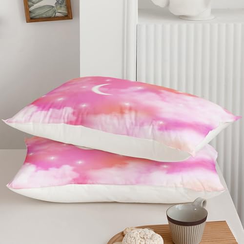 Image of QOOMO Pink Cloud Comforter Set, Rainbow Star Sky Duvet Set Bedding Set Full Size for Girls Boys with 2 Pillow Shams Lightweight Microfiber for All Seasons