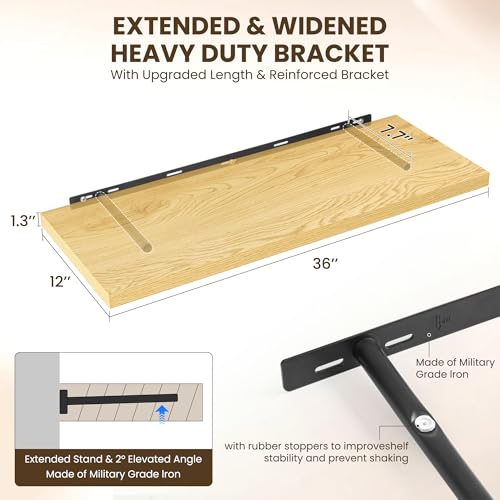 Image of Dreamland 36 inch Floating Shelves for Wall, 12 inch Deep Slim Oak Floating Shelves, Wall-Mounted Shelves for Bedroom, Living Room, Kitchen, Bathroom - Set of 2