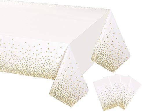Gexolenu 4 Pack White and Gold Disposable Plastic Tablecloth for Rectangle Tables(54" x 108"), Disposable Waterproof Table Cover for Birthday, Graduation, Gold Table Cloths Party Supplies