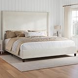 HOWE Queen Size 61" Corduroy Upholstered Bed Frame, Platform Bed with Vertical Stripe Wingback Headboard, No Box Spring Needed/Noise Free/Solid Wood Slats & Legs/Cream