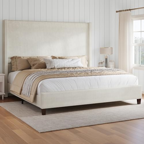 HOWE King Size Bed Frame with 61.4' Extra Tall Headboard, Corduroy Upholstered Bed with Vertical Wingback Headboard, No Box Spring Needed/Noise Free/Solid Wood Slats & Legs/Cream