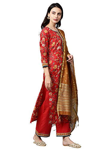 Image of INDO ERA Women's Pure Cotton Printed Straight Kurta with Pant & Dupatta Set (Red IE17KD0RD1869)