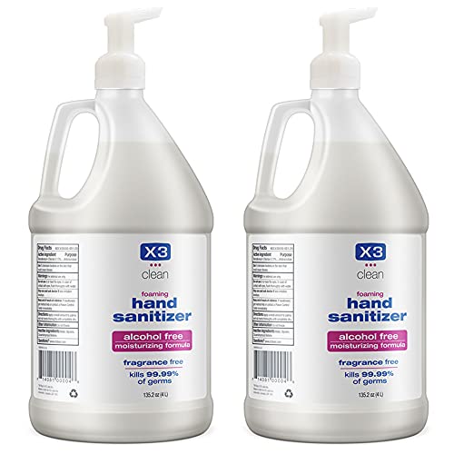 X3 Clean Hand Sanitizer Foaming Pump – Alcohol Free & Fragrance Free Moisturizing Formula – Kills 99.9% Germs – Made in USA – 135.2 oz (4L) Economy Refill Size (2 Pack)