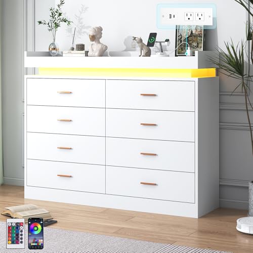 Image of jiteentarou 8 Drawer Dresser with Charging Station and LED Lights, Modern Chest of Drawers with Power Outlet, Organizer Cabinet for Bedroom, Living Room, White