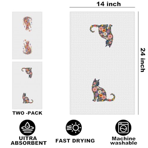 Image of 2 Pcs Flower Cat Kitchen Towels, Floral Cat Hand Towel for Bathroom Decor, Kitten Dish Tea Towel for Kitchen Home Bathroom Decor, Pet Gifts for Kitten Lovers Women Girls, 24x14 Inch