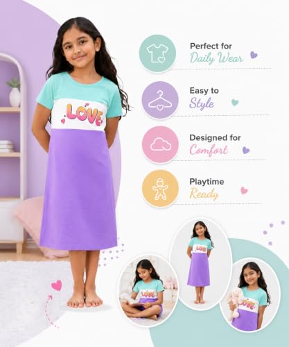 Image of KYDA KIDS 100% Pure Cotton Printed Round Neck Regular fit Half Sleeve Multicolor Long Top for Girls - (Pack of 1)