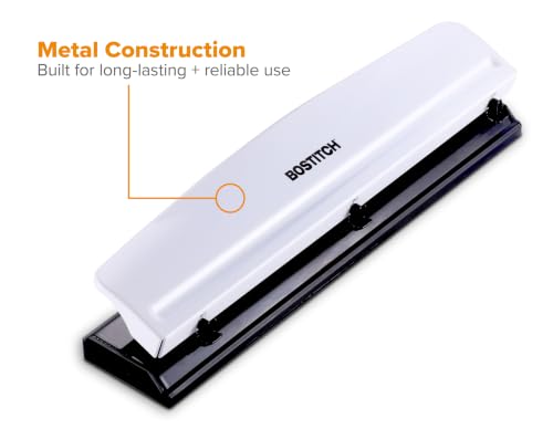 Image of Bostitch 3-Hole Punch, 15 Sheet Capacity, Heavy Duty All-Metal Paper Punch, Non-Slip Base, Easy-Empty Chip Tray, 9 /32 inch Holes, Fits Standard 3 Ring Binders, Office, School & Home, White