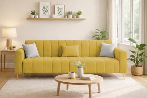 Image of Casaliving Velour Modern Velvet Sofa, Tufted Design Upholstered 3 Seater Sofa Set for Living Room, (Yellow Colour) Premium Velvet Fabric Sofa | Easy to Clean