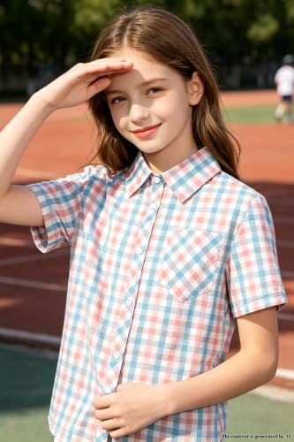 Image of SANGTREE Girls Women Plaid Shirt Short Sleeve Button Down Summer Blouses