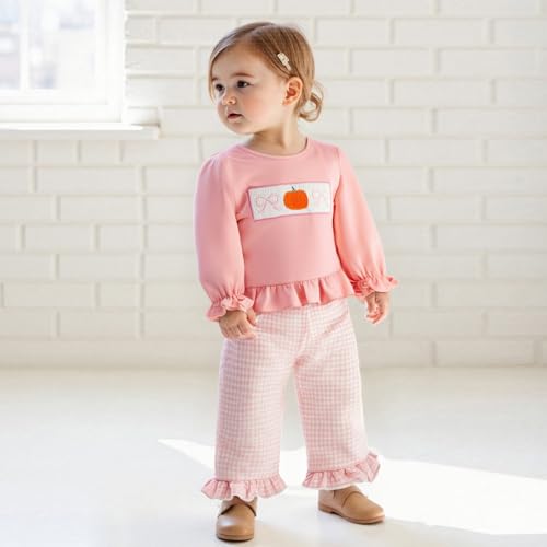Toddler Baby Girl Halloween Outfit Smocked Pumpkin Long Sleeve Ruffle Sweatshirt Plaid Pants Set 2Pcs Fall Clothes2