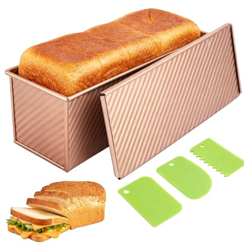 Rumiq Pullman Loaf Pan with Lid 13x4.7 Inch 2.2LB Nonstick Sandwich Bread Pan with 3 Dough Scrapers Heavy Duty Square Toast Box for Sourdough & Homemade Bread Baking