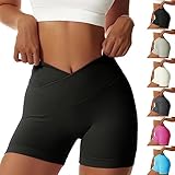Vertvie Gym Shorts Damen V Cross Leggings Kurz Scrunch Butt High Waist Sporthose Yoga Sport Shorts Sommer Blickdicht Nahtlose Laufhose für Fitness, Jogging, Biker(S,Schwarz)