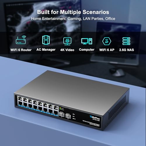 Image of 18 Port 2.5Gb Unmanaged Ethernet Switch with 16* 2.5G Base-T Ports, 2* 10G SFP+ Ports. GiGaPlus 2.5Gbps Network Switch for 2.5Gbps NAS /PC, Wireless AP, WiFi6 Router. Plug and Play, Fanless Design.