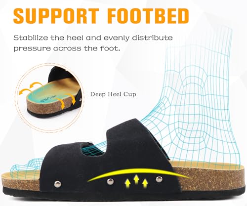 Image of ONCAI Womens Flat Slide Sandals with Arch Support 2 Strap Adjustable Buckle Slip on Slides Shoes Non Slip Rubber Sole