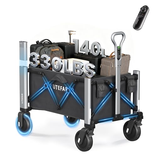 LITEFAR Orion Remote Controlled Electric Collapsible Wagon,140L/330LBS Foldable Cart with 7.5' All Terrain Wheels Brakes 7.5 Miles Battery Life,Portable for Camping Garden Heavy Duty Shopping