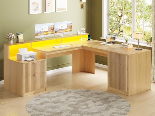 SEDETA 66' Modern L Shaped Desk with Drawers, Fluted Home Office Desk with File Cabinet and Printer Shelf, Wood Executive Desk with Monitor Stand, Power Outlets, Led Lights, Oak