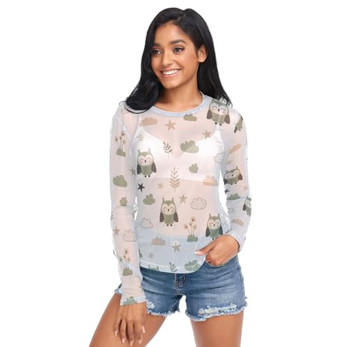 Cartoon Owl Clouds See Through Tops for Women Mesh Sheer Tops Long Sleeve Women Blouse Handle Zipper Beach Camping Swimming Pool Size S