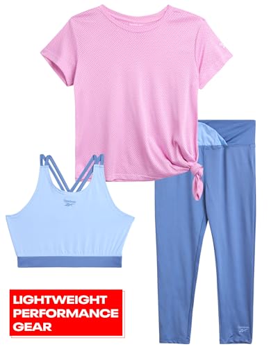 Reebok Conjunto de leggings esportivas para meninas – Camisa de malha de 3 peças, leggings capri e s