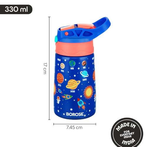 Image of Borosil 330 ml Space Design Kids Stainless Steel Bottle | ISI Certified Made in India | 8 Hrs Hot & Cold Double Wall Vacuum Insulated Flask | Push & Straw Lid | Powder Coated Finish | 1 Year Warranty