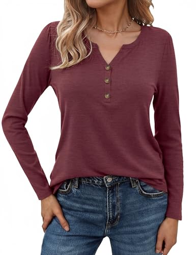 Litherday Camiseta Manga Larga Mujer Cuello en V Algodón Básico Tops Blusa Mujer Casual con Botones Henley Camisa Suelta