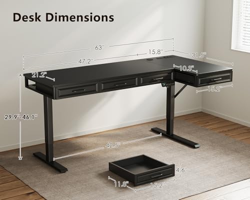 Image of OffiGo 63 Inch L Shaped Standing Desk with 4 Wooden Drawers, Black
