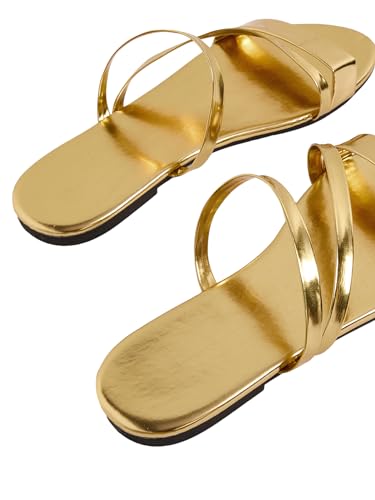 GORGLITTER Women's Metallic Strappy Open Toe Flat Sandal PU Leather Summer Slides Sandals3