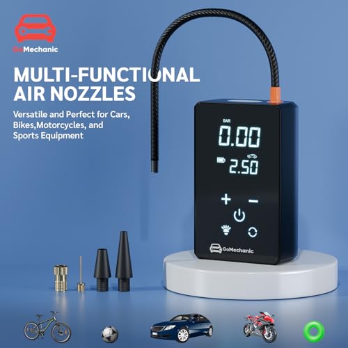Image of GoMechanic Wireless Tyre Inflator for Car & Bike |150 PSI |3000 mAh Battery | Air Pump with Full LCD Touch Screen, Multiple Presets| PowerBank|Flash Light |Type C, Digital Display, Multiple Nozzles