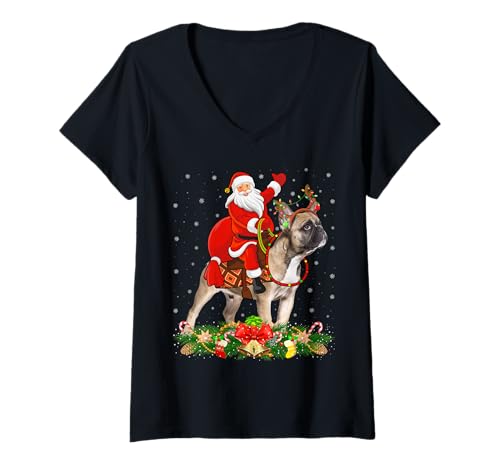 Womens Xmas Decor Funny Santa Riding French Bulldog Christmas V-Neck T-Shirt