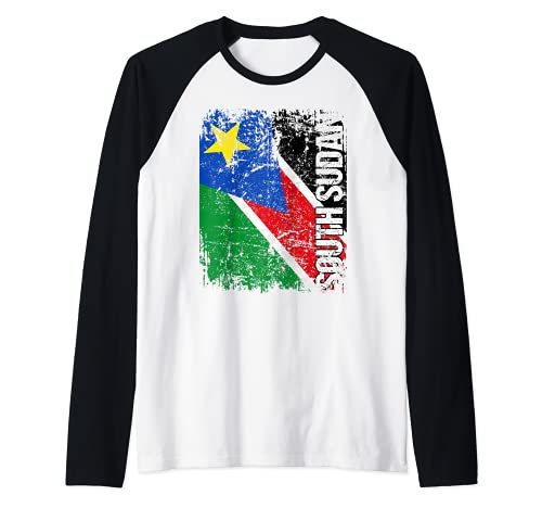 SOUTH SUDAN Flag Vintage Distressed SOUTH SUDAN Raglan Baseball Tee, Black