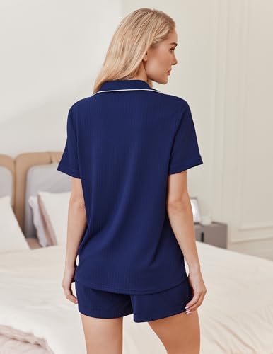 Image of Ekouaer Womens Pajamas 2 Piece Ribbed Knit Pjs Button Down Sleepwear Set Summer Casual Loungewear Lounge Sets