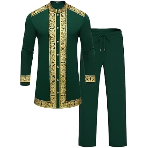 ZSJR Men's Dashiki Suit with Gold Print Cover