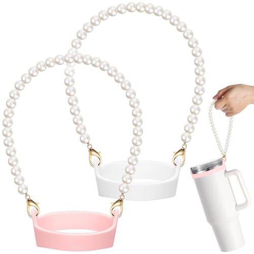 Silicone 2 Pcs Water Bottle Handle Holder with Pearl Strap, White,Pink