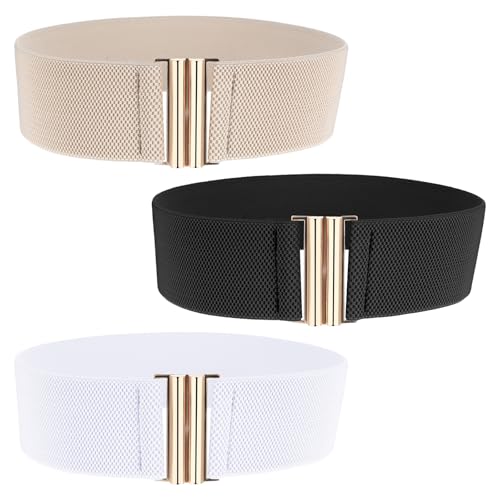 3PCS Elastic Belt Wide Stretchy Waist Belt Trimmer Stretch Waistband Cinch Belts Vintage Elastic Belts for Women Pants Jeans Dresses (Khaki, Black, Pure White, 26.8×2.4 Inches)