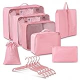 IFYON 7 Set Packing Cubes Travel Organizer(Pink), Ripstop Mesh Ultralight Expandable Luggage Organizers with 5 Foldable Hangers for Carry-on, Travel & Backpack