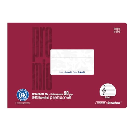 Staufen premio Notenheft - 5 Musikhefte je 8 Blatt Lin N DIN A5 quer 90 g/m 4 Notensysteme