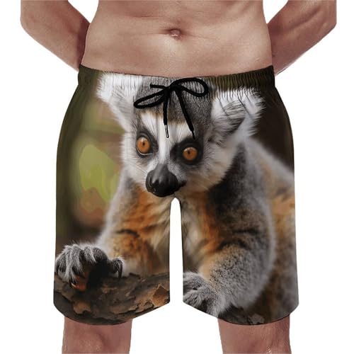 Monkey Lemur Cute Mens Swim Trunks Quick Dry Hawaii Bathing Suit Board Shorts with Mesh Lining-