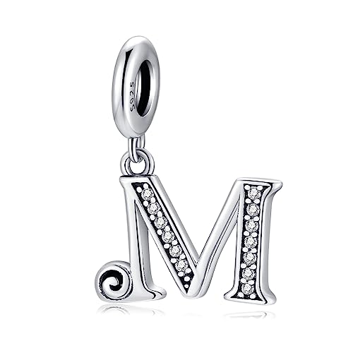 Regalo para día de la Madre-Letra Charms M Plata de ley 925 Compatible con Pulseras y Collar Pandora Europeo, Regalo para Cumpleaños Madre/Hija