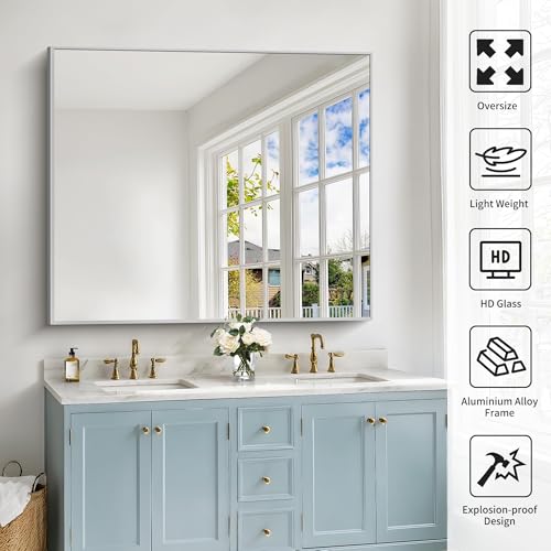 Image of COFENY 40x48inch Silver Bathroom Mirror, Silver Rectangle Mirror with Frame, Large Rectangular Wall Mirrors for Bathroom, Living Room, Hair Salon, Big Farmhouse Mirror Hang Horizontal /Vertical