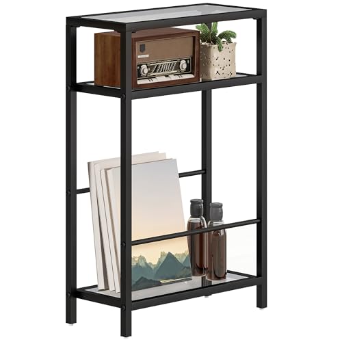 HOMCOM Beistelltisch Kleiner Couchtisch mit 3 Ebenen, Tischplatte aus Hartglas, Modernes Nachttisch Sofatisch mit Zeitschriftenständer, Stahlrahmen für Wohnzimmer, Schlafzimmer, Schwarz