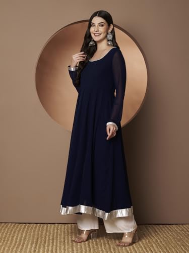 Image of KZA Women's Georgette Hand Embroidered Flared Anarkali Suit for Women | Full Sleeves Flare Anarkali Dress for Woman | Ethnic Flared Anarkali Kurta for Women