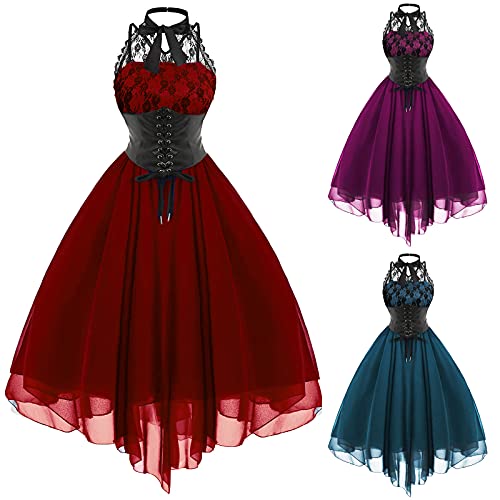 Women's Sleeveless Gothic Dress With Corset Halter Lace Swing Cocktail Dress Formal Halloween Punk Hippie Dresses Navy #TOP3