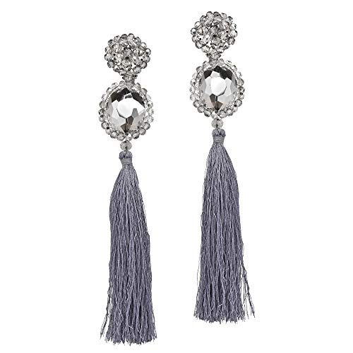 Dramatic Statement Grey Fashion Crystal & Cotton Tassels Dangle Clip