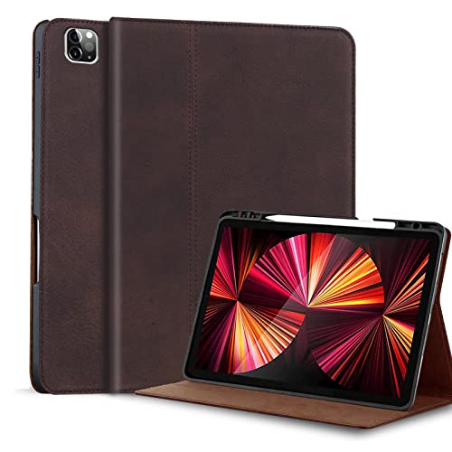 Gexmil Genuine Leather Case for iPad Pro 11 Inch 4/3/2/1st Gen 2022/2021/2020/2018,Smart Folio with Pencil Holder,Protective Shockproof Real Leather Cover,Auto Sleep/Wake,Sanded Brown